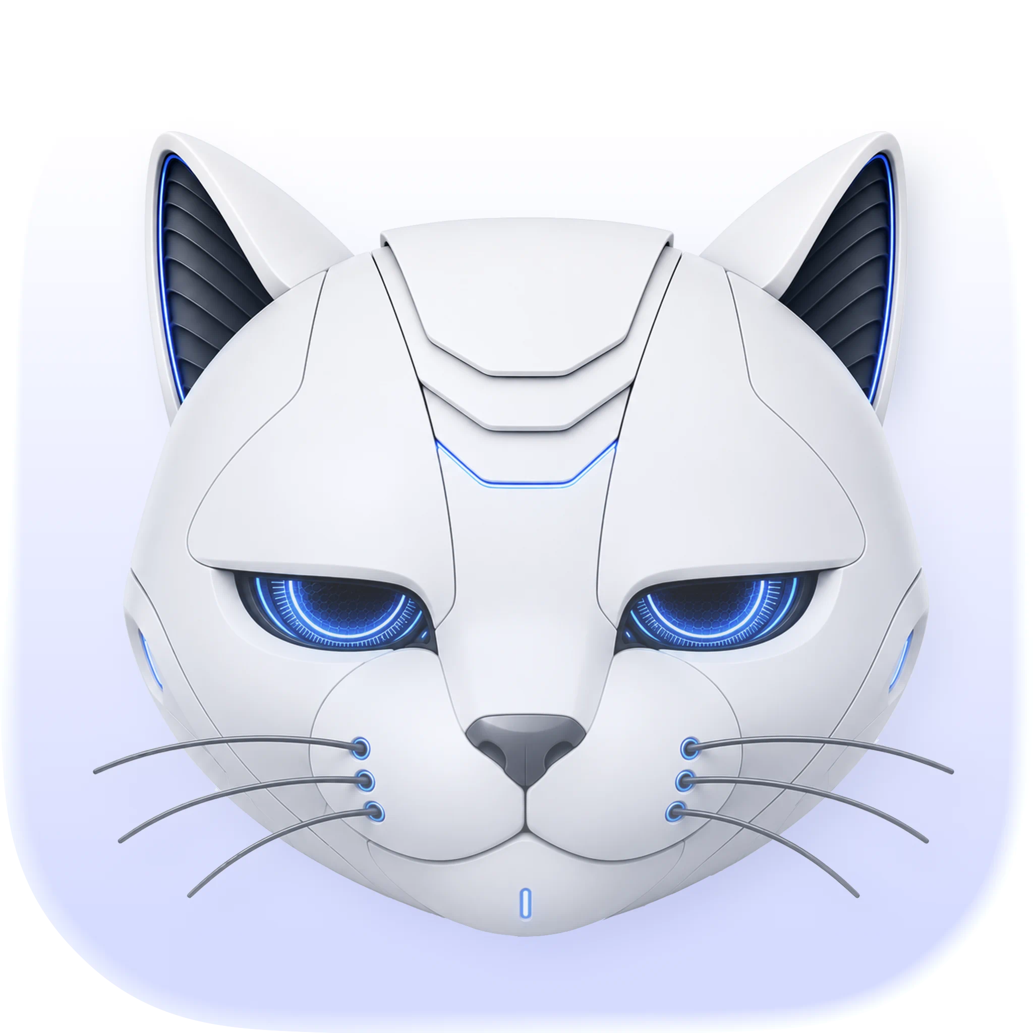 The Copycat app icon: a white robot cat face with glowing blue eyes on a rounded, pale lavender tile.