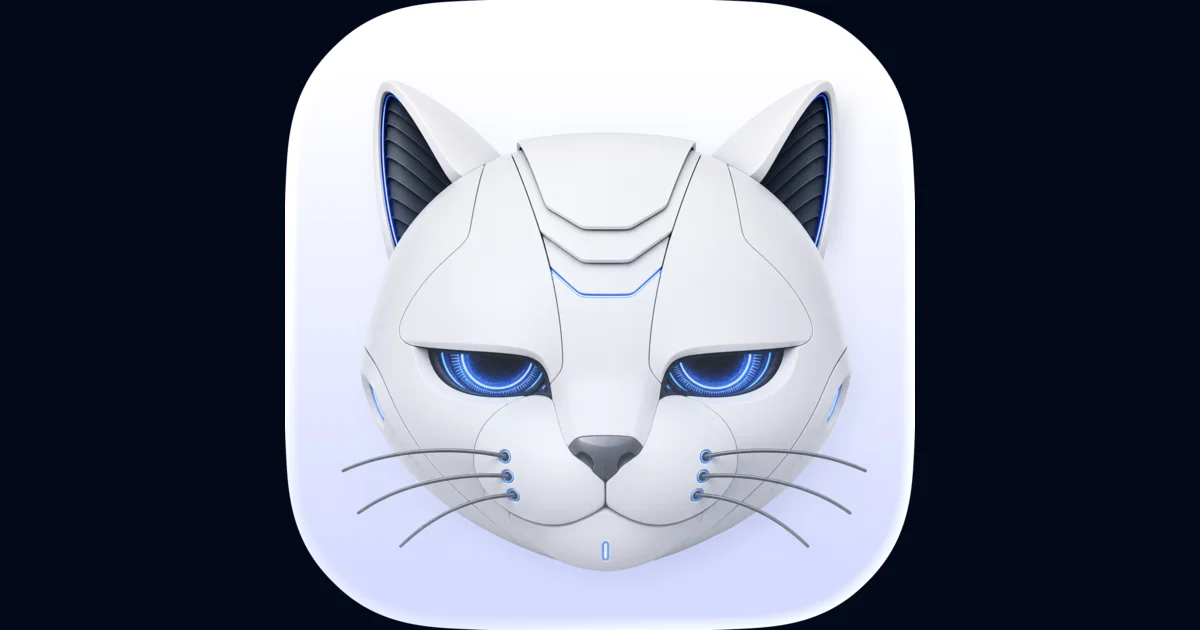 The Copycat app icon, a white robot cat with glowing blue eyes, centered on a dark navy background.