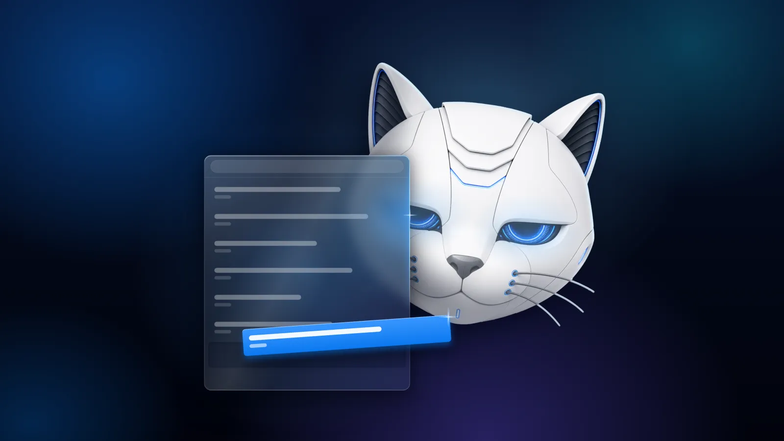 Text-free Copycat key art in 16:9: the white robot-cat mascot behind a frosted clipboard panel whose highlighted blue row slides out toward the viewer, on a dark blue gradient.