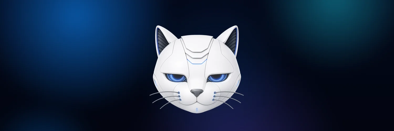 Text-free Copycat key art: the white robot-cat mascot centered on the brand's dark blue, teal and violet gradient.