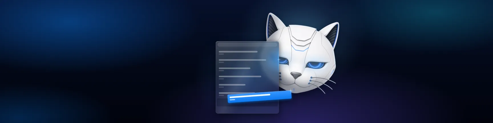Text-free Copycat key art: the white robot-cat mascot peeking out from behind a frosted clipboard panel with a highlighted blue row, on a dark blue and violet gradient.