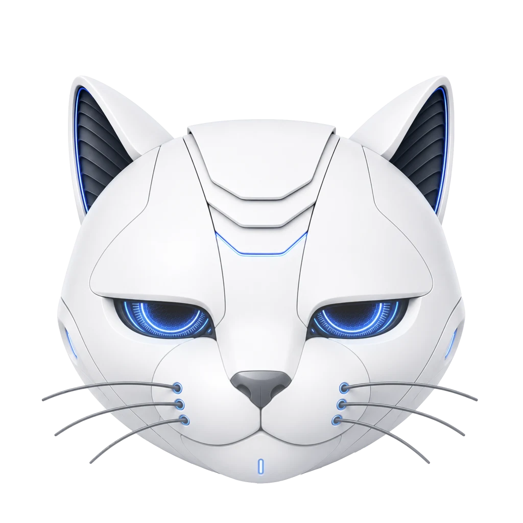 The Copycat robot-cat mascot on its own, with no tile behind it: a white cat face with blue-lit ears, eyes and whiskers.