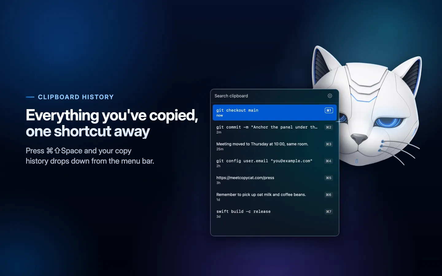 Copycat's clipboard panel listing recent clips, each with a ⌘1 to ⌘7 shortcut, beside the headline “Everything you've copied, one shortcut away.”