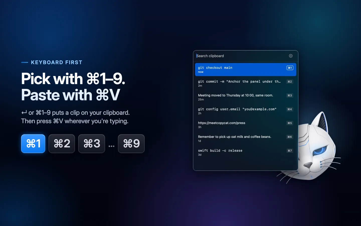 Copycat's clipboard panel beside the headline “Pick with ⌘1–9. Paste with ⌘V” and a row of ⌘1, ⌘2, ⌘3 and ⌘9 key caps.