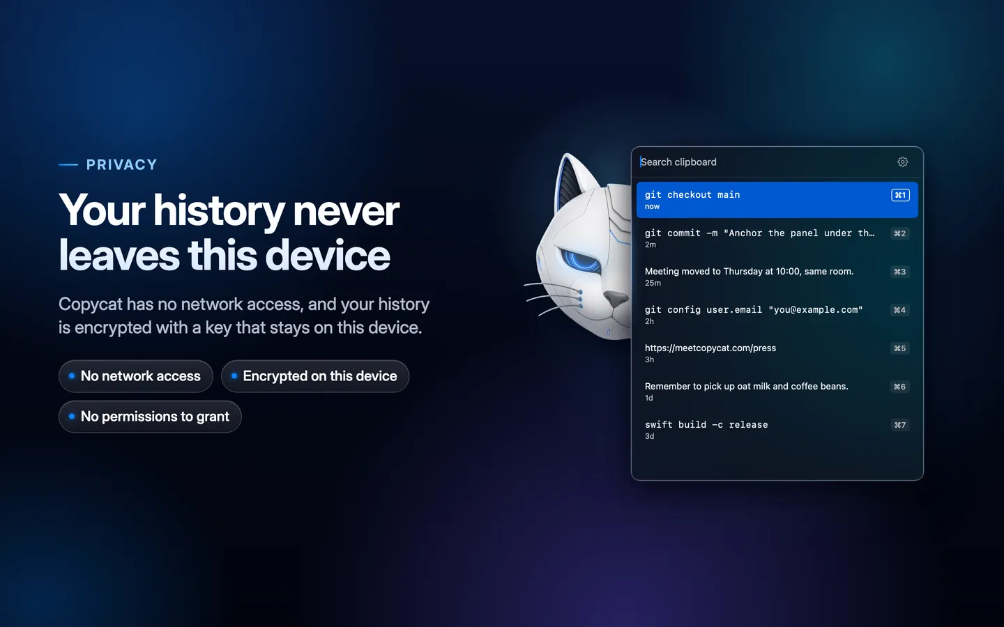 Copycat's clipboard panel beside the headline “Your history never leaves this device” and the badges No network access, Encrypted on this device and No permissions to grant.