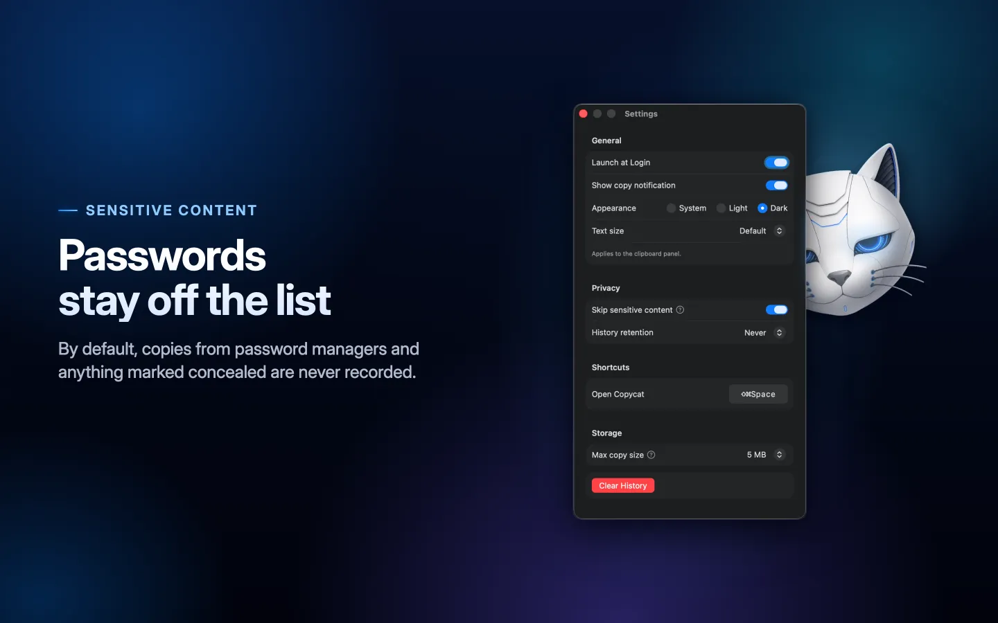 Copycat's Settings window with Skip sensitive content switched on, beside the headline “Passwords stay off the list.”