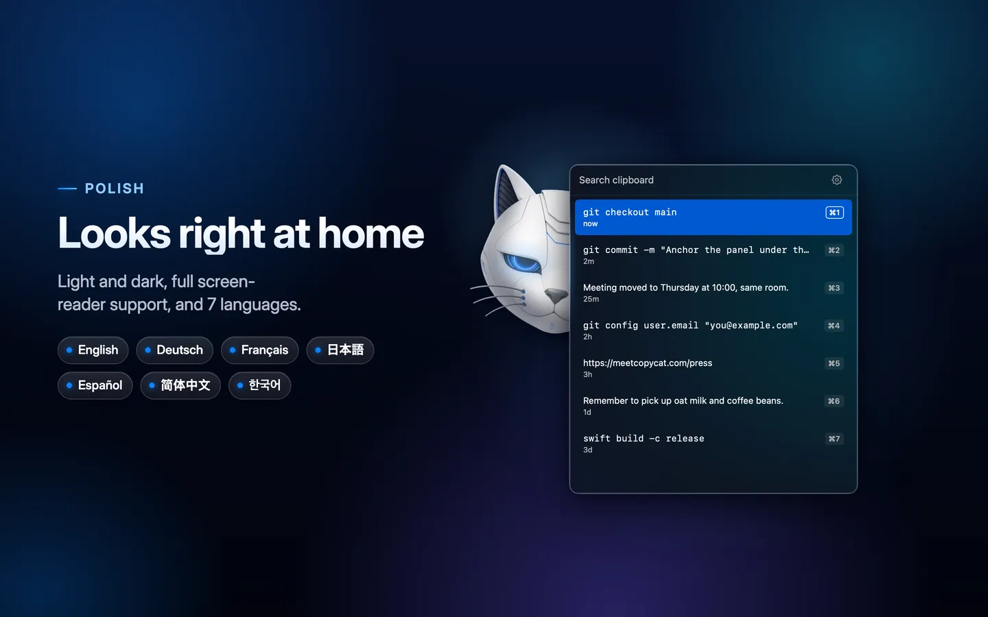Copycat's clipboard panel beside the headline “Looks right at home” and badges for its seven languages, from English to 한국어.